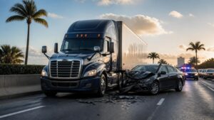 South Florida commercial truck accident scene with a semi-truck and damaged passenger vehicle.
