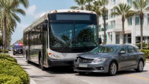 South Florida bus accident scene with a transit bus and passenger vehicle on a palm-lined roadway.