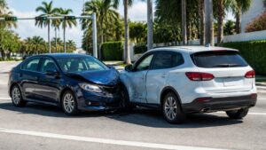 Two-vehicle accident on a palm-lined South Florida roadway.