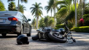 Damaged motorcycle and passenger vehicle after an accident on a South Florida roadway.