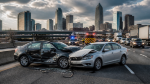 Car accident on a major highway with emergency responders assisting at the scene.