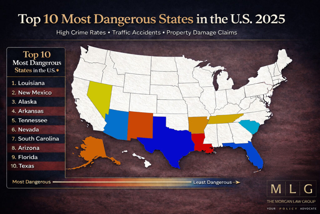 Infographic showing the Top 10 Most Dangerous States in the US in 2025 from Morgan Law Group.