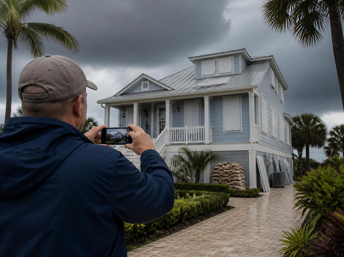 Homeowner photographing a house while preparing for a potential hurricane insurance claim